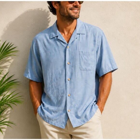Tommy Bahama Other - Tommy Bahama Men’s Blue 100% Silk Hawaiian Camp Shirt Floral Jacquard XXL